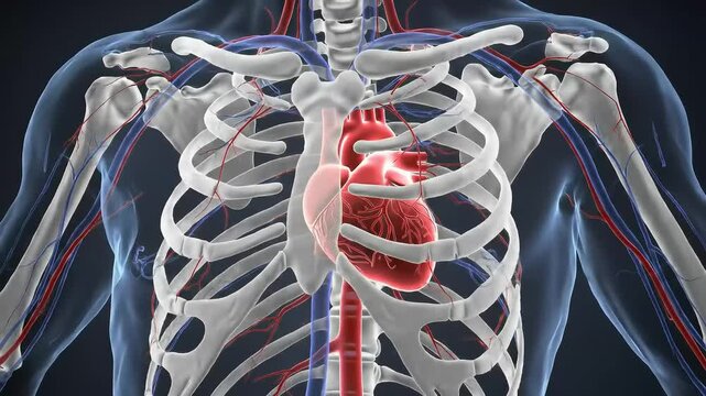 Anatomy of the Human Heart Detailed Medical Illustration showcasing the heart's location within the rib cage and vascular system. Exploring cardiovascular health, medical science