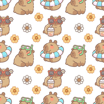 Cute Summer Capybara Seamless Pattern &ndash; Transparent PNG Background with Floaties, Boba, Sunglasses, Goggles, and Flowers