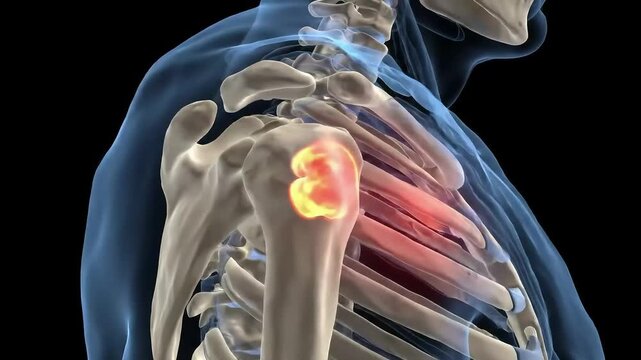 Advanced 3D medical illustration visualizing a malignant tumor on the proximal humerus, detailing the pathology of osteosarcoma and its impact on the shoulder joint.