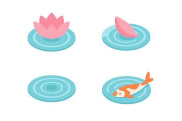 Obraz premium Isometric flat Zen icon set featuring lotus petals floating on water, blooming lotus flower, falling petal, water ripple, and koi fish vector illustrations on transparent background