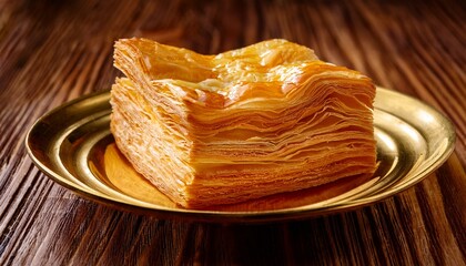 close up of flaky golden pastry layers
