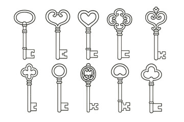Set of vintage keys vector icons. Antique skeleton key line illustrations. Simple classic decorative design elements for logo, escape room, or security concept. Retro.