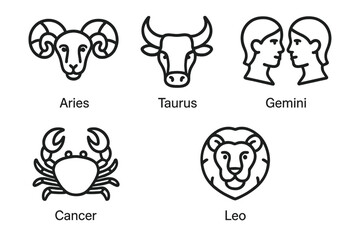 Zodiac outline icon set with astrology symbols Aries ram, Taurus bull, Gemini twins, Cancer crab, Leo lion, astrology energy signs, vector illustration on transparent background
