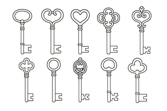 Set of vintage keys vector icons. Antique skeleton key line illustrations. Simple classic decorative design elements for logo, escape room, or security concept. Retro.