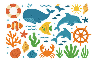 Cute sea life collection with marine animals. Cartoon vector set for kids. Whale, dolphin, fish, crab, coral icons. Underwater oceanic summer theme design elements illustration.