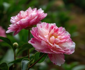 Pink peony double Camellia in flower, in the wild