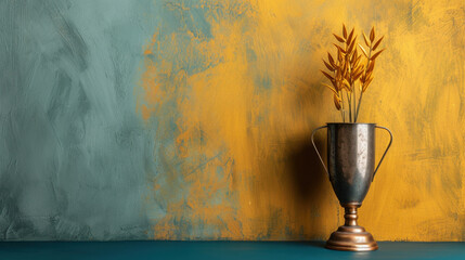 Vintage vase holds dried flowers against textured backdrop of teal and mustard yellow, creating warm and inviting atmosphere. combination of colors enhances rustic charm of arrangement