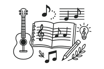 Music composition and songwriting concept. Guitar, music notebook with notes and treble clef. Creative idea, inspiration symbol. Music education, lesson, learning vector icon.