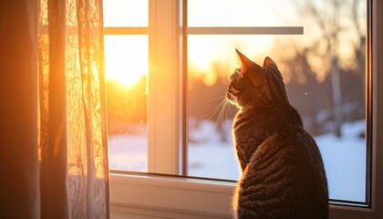Ultra realistic close-up of a cat looking out of a window, golden morning light casting warm tones, background softly blurred with large negative space, clean minimalistic scene, vivid colors, HD reso