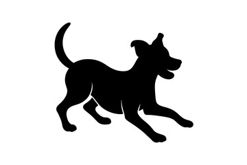 Playful dog silhouette vector illustration. Happy puppy running and jumping in a dynamic pose. Energetic pet icon for logo design. Simple black canine graphic on a transparent background.