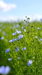 Vibrant blue flax flowers sway gently in a sunlit field, showcasing a depth of field with blurred background