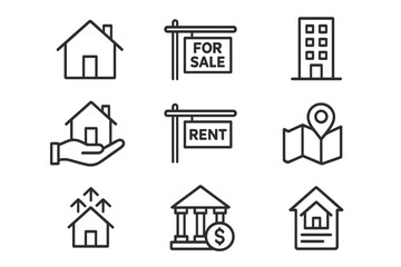 Real estate line icon set. Property investment and housing icons. For sale, rent sign, mortgage, location, broker, and agent symbols. Editable stroke vector pack.