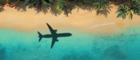 The Airplane Casting a Shadow Over a Tropical Beach Landscape.