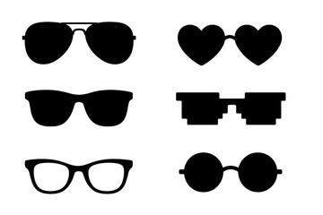 Sunglasses vector set. Collection of different glasses types. Fashion accessory icons. Retro and modern eyewear silhouette. Includes aviator, heart, wayfarer, and pixelated.