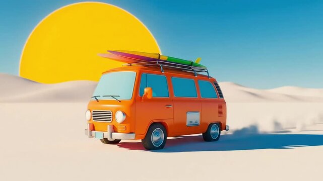 A vibrant orange van with surfboards on the roof drives through a sunny desert landscape
