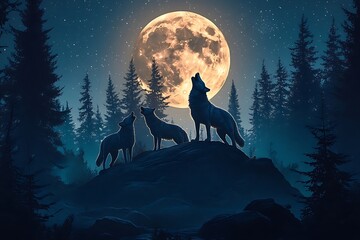 Three Wolves Howling Full Moon