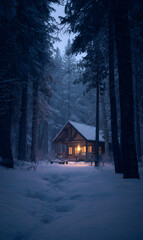 Enchanting winter cabin nestled amidst snow-covered evergreen trees at twilight a serene snowy landscape with glowing window lights evoke warmth and coziness creating an idyllic