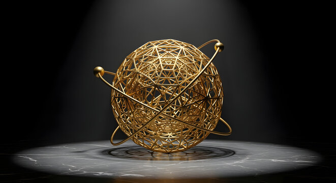 Abstract Golden Geometric Sphere with Orbits 3D Render of Elegant Wireframe Structure - Powered by Adobe