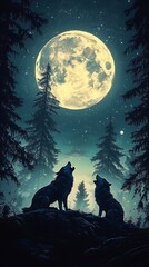 Fototapeta premium Two wolves howling at a bright full moon in a starry night forest
