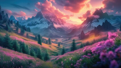 A breathtaking vista of a mountain valley at sunrise.