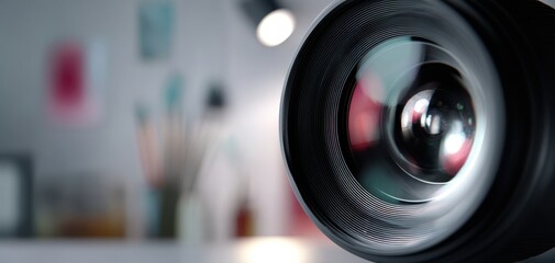 The camera lens showcasing intricate details in a creative workspace setting.