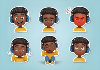 Naklejka premium Autistic black child boy with noise cancelling headphones showing emotions joy sadness anger tiredness sensory overload neutral ADHD autism awareness cartoon stickers set