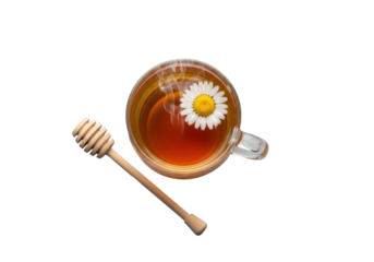 Warm chamomile tea in borosilicate mug, steam, floating flower, wooden honey dipper, dried blossoms on seamless transparent, 45-degree overhead product shot, well-being concept