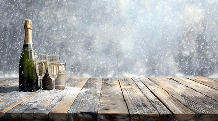 Celebratory winter scene featuring champagne bottle and glasses amidst a snowfall on rustic wooden surface creating an atmosphere perfect for festive cheer and joyous moments