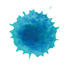 Fototapeta premium Blue-green drop, blob of paint, ink. Watercolor illustration hand drawn. Drawing for blanks, scrapbooking, journaling. Paint, spot, blot, drop, splash, watercolor, texture, blue, granulation, circle