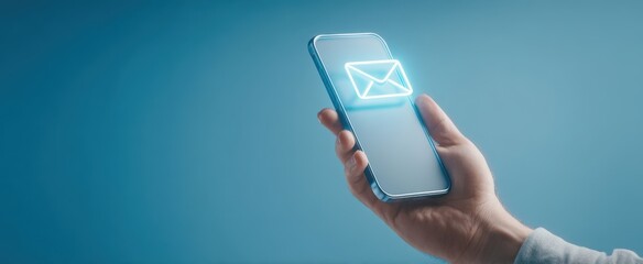 The smartphone displaying a glowing email notification in a modern setting.