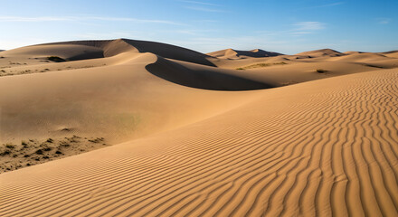 Stunning Aerial View of Rolling Sand Dunes Under a Clear Blue Sky