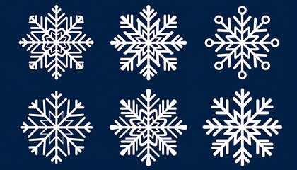 Six white snowflakes of different shapes falling on a dark blue background creating a winter Christmas atmosphere