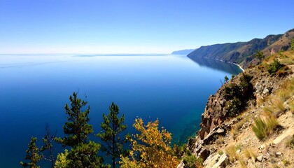 Obraz premium Picturesque Baikal Lake View from Cliffside in Russia with Clear Blue Sky