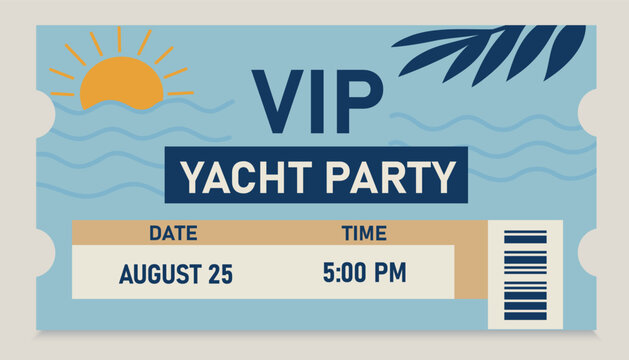 Vector soft blue VIP yacht party ticket with event dates, tropical summer design. Perfect for luxury lifestyle and travel