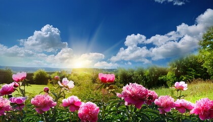 Obraz premium bright peonies against summer scenery