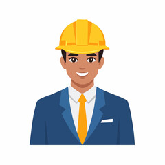 Smiling engineer in blue suit and yellow hard hat, looking forward with confidence, in a flat vector graphic.