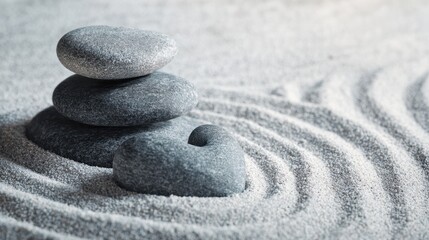 The serene arrangement of balanced stones in a tranquil sand setting.