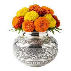 Ornate Silver Vase with Vibrant Marigold Bouquet
