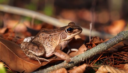 Fototapeta premium boreal chorus frog blending into the forest floor with dry leaves and twigs