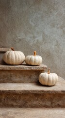 Three white pumpkins arranged on rustic stairs with textured wall  