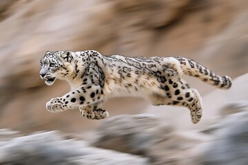 Elusive Snow Leopard Mid-Leap in Mountains