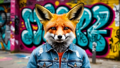 Anthropomorphic red fox wearing denim jacket and orange t-shirt standing in front of colorful graffiti wall