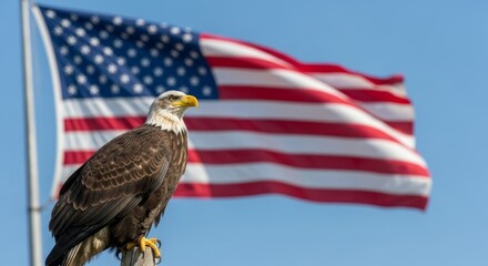 Naklejka premium Majestic bald eagle perched with a waving American flag in the background. A symbol of USA pride, freedom, and patriotism