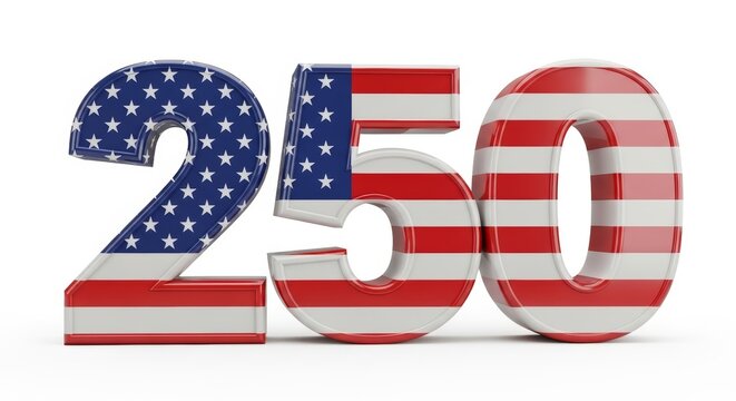 3D number 250 with American flag texture. Isolated on white for the USA Semiquincentennial 250th anniversary celebration - Powered by Adobe