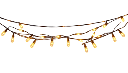 Realistic glowing Christmas string lights with warm yellow bulbs, decorative festive garland arranged in hanging loops, isolated PNG on transparent background, high-quality design for holiday cards, i