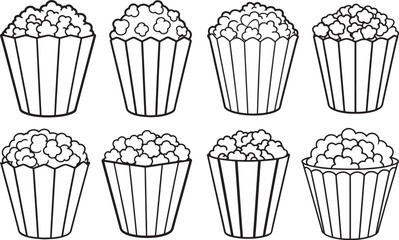 set of popcorn line art, outline, coloring book page line art drawing, vector and illustration