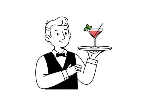 waiter serving cocktail on tray, black and white clip art preview