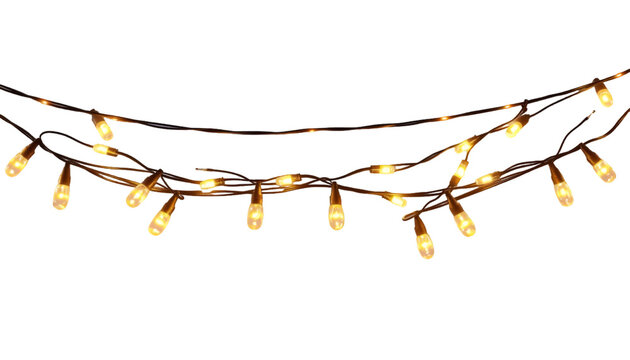Realistic glowing Christmas string lights with warm yellow bulbs, decorative festive garland arranged in hanging loops, isolated PNG on transparent background, high-quality design for holiday cards, i