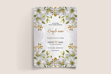WEDDING INVITATION FRAME WITH FLOWER DECORATIONS AND FRESH LEAVES