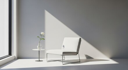 Modern minimalist interior with a lone chair and flower in dramatic sunlight. Concept of solitude, peace, and simple living